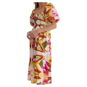 Cortado Colorful Abstract Puff-Sleeve Midi Dress size small